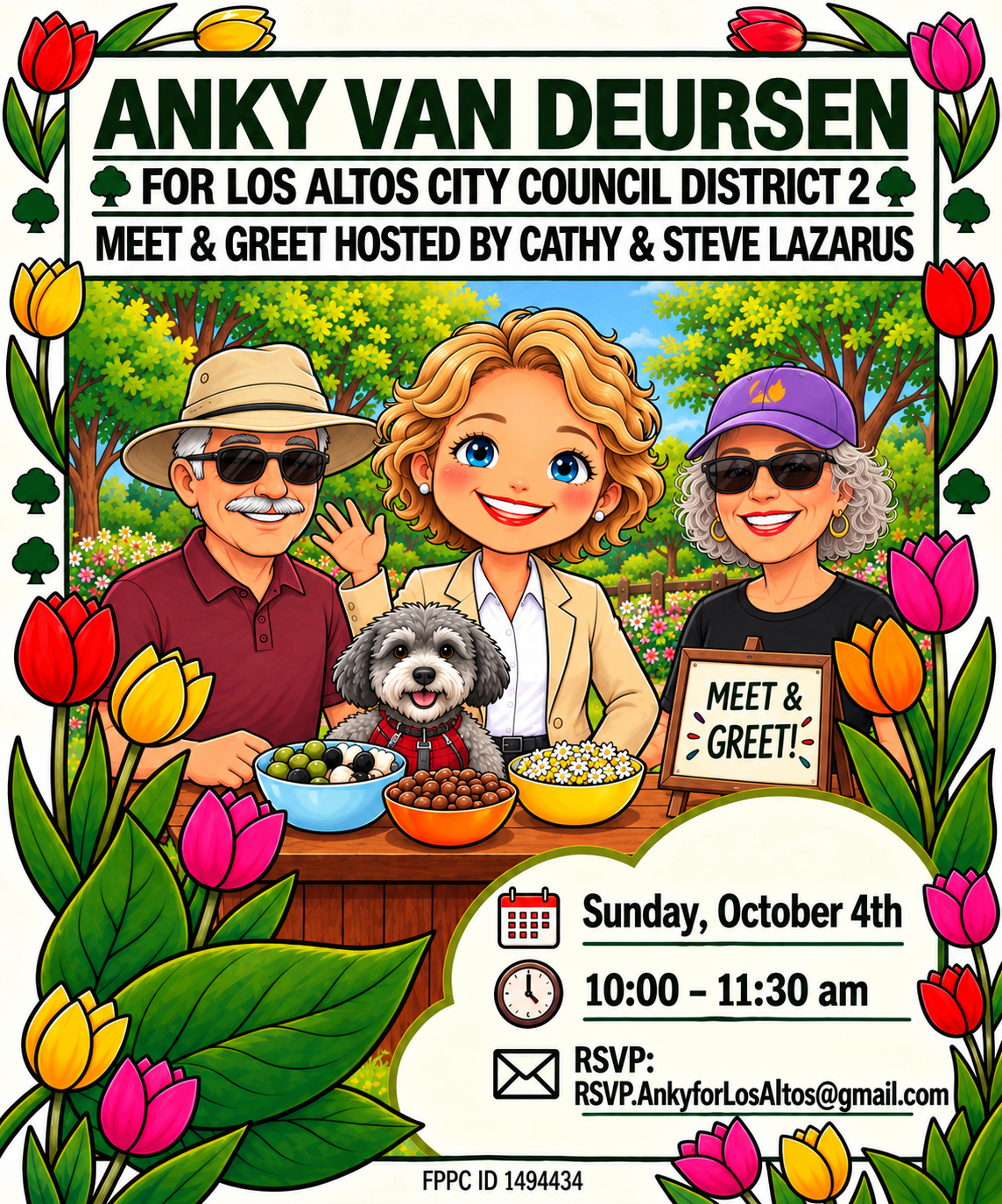 Meet and greet flyer: Anky van Deursen for Los Altos City Council District 2. Meet and Greet hosted by Cathy and Steve Lazarus. Sunday, October 4, 10:00 to 11:30 AM. RSVP to RSVP.AnkyforLosAltos@gmail.com. FPPC ID 1494434.